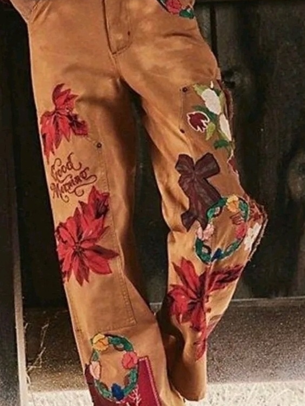 Free People "Bright Time Craft" Tan Embroidered Floral Wide-Leg Jeans